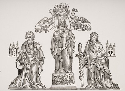Gravdekorasjon som viser Nicholas Flamel (ca. 1330-c. 1418) og hans kone Pernelle, etter dekorasjoner på de uskyldiges kirkegård, Paris, fra Le Moyen Age et La Renaissance av Paul Lacroix (1806-84) av French School