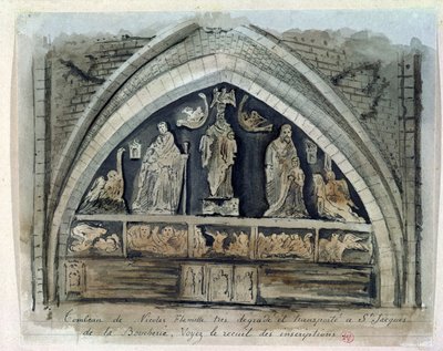 Graven til Nicolas Flamel (ca. 1330-1418) ved Cimetiere des Innocents (wc på papir) av French School