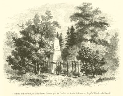 Graven til Sismondi, på kirkegården i Chenes, nær Genève (gravering) av French School