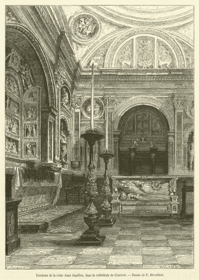 Graven til dronning Anne Jagiellon, i Krakow-katedralen (gravering) av French School