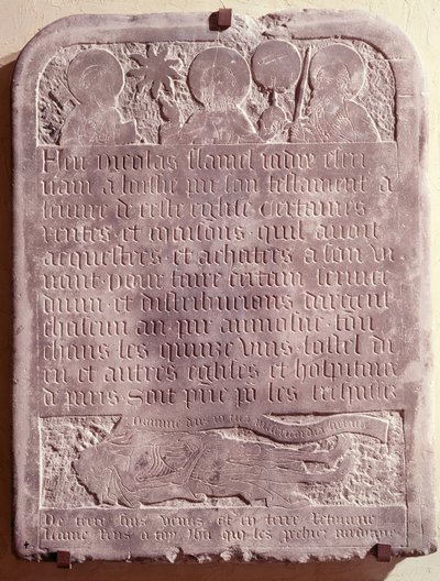 Gravstein til Nicolas Flamel, opprinnelig fra kirken Saint-Jacques-de-la-Boucherie, 1418 av French School