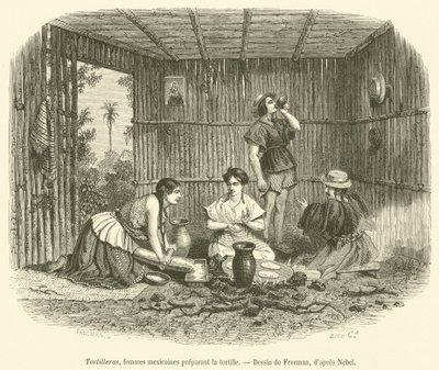 Tortilleras, meksikanske kvinner som forbereder tortillaen (gravering) av French School