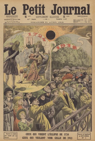 Totale solformørkelser i 1724 og 1912 (farge litho) av French School