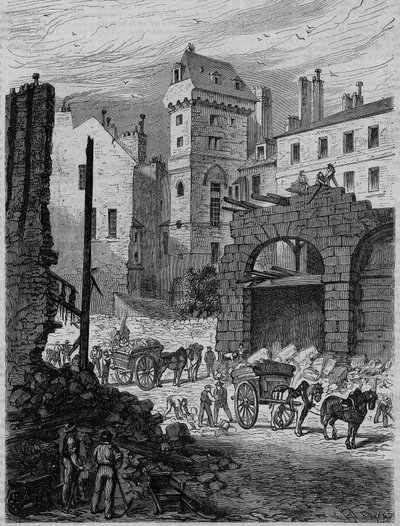 Tour Jean Sans Peur, last vestige of the Hôtel de Bourgogne, during the piercing of rue Etienne Marcel, Paris. Engraving av French School