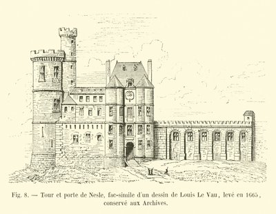 Nesle tårn og port, faksimile av en tegning av Louis Le Vau, tegnet i 1665, bevart i arkivet av French School