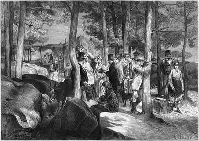 Turister ved kløftene i Apremont, nær inngangen til hulen, i skogen til Fontainebleau av French School