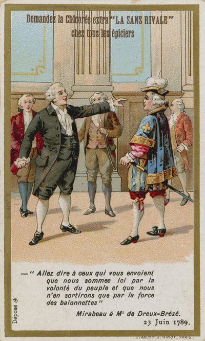 Fagkort som viser svaret til comte de Mirabeau på markisen de Dreux-Breze av French School