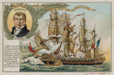 Byttekort med et bilde som viser fangsten av East Indiaman Kent av Confiance av French School