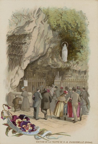 Byttekort med et bilde av grotten i Lourdes av French School