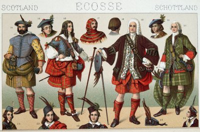 Tradisjonelle skotske kostymer - i "" Le costume historique"" av Racinet av French School