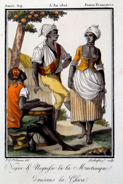 Tradisjonell dans: Martiniques innbyggere danser chica. Gravering fra 1805. Chartres, Museum of Fine Arts av French School