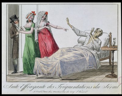 Tragisk konsekvens av å besøke bordeller, karikatur av en syfilitt, ca. 1800 (fargegravering) av French School