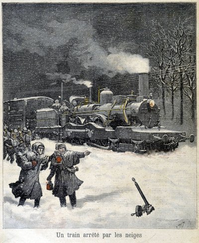 Tog tvunget til å stoppe av snø. Illustrasjon av avisen "" Le Petit Parisien"" fra mars 1892. av French School