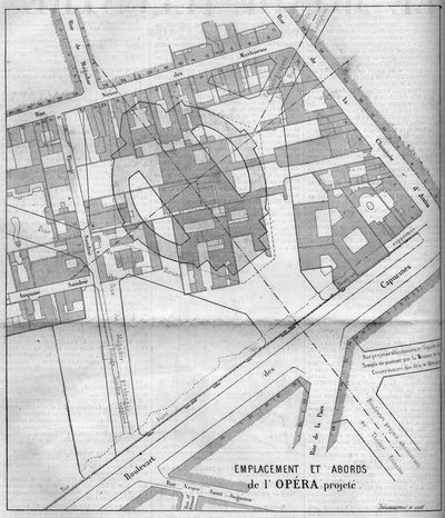 Transformations of Paris under the Second Empire, Haussmann Paris: prosjektert plan for Opera Garnier i Paris i 1860. Gravering i "" Le Monde Illustré"" nr. 183 av 13. oktober 1860. av French School