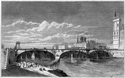 Transformasjoner av Paris under det andre imperiet, Haussmann Paris: utsikt over Pont au Change under gjenoppbyggingen. Gravering i "" Le Monde Illustré"" nr. 169 av 7. juli 1860. av French School