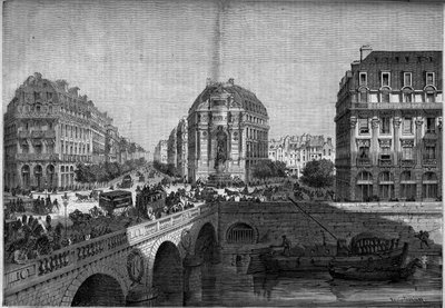 Transformasjoner av Paris under det andre imperiet, Haussmann Paris: utsikt over fontenen Saint Michel (1860) på Boulevard de Sebastopol. Gravering i "" Le Monde Illustré"" nr. 175 av 18. august 1860. av French School