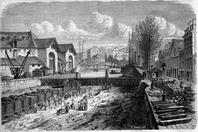 Transformasjoner av Paris under det andre imperiet, Haussmann Paris: arbeider utført for senking av vannmassen til Canal Saint Martin. Gravering i "" Le Monde Illustré"" nr. 143 av 7. januar 1860. av French School