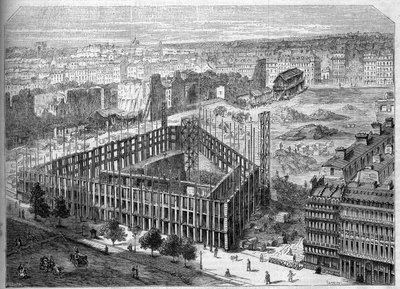 Transformasjoner av Paris under det andre imperiet, Paris Haussmann: bygging av Hotel de la Paix og utsikt over plasseringen av den fremtidige Opera Garnier, mellom gatene Neuve des Mathurins, Chaussee d