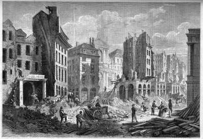 Transformasjoner av Paris under det andre imperiet, Paris Haussmann: riving av Rue de la Barillerie for piercing av Boulevard Sebastopol. Gravering i "" Le Monde Illustré"" nr. 126 av 10. september 1859. av French School