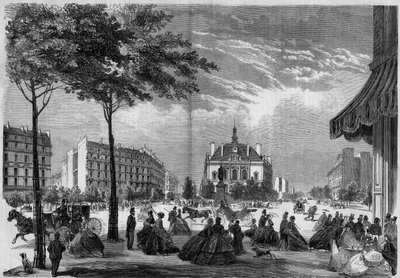 Transformasjoner av Paris under det andre imperiet, Paris Haussmann: det nye rådhuset i XI-arrondissementet i Paris. (Du kan se Voltaire Boulevard og Parmentier Avenue). Gravity fra 1865. av French School