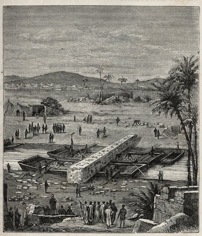 Transport av obelisken til Ptolemee Philadelph (Ptolemaios Philadelphos) (Ptolemaios II) på Nilen til Alexandria - Gravering i "" Vitenskaper tilgjengelig for alle - Populær fysikk og kjemi"" av Alexis Clerc - Slutten av 1800-tallet - Privat samling av French School