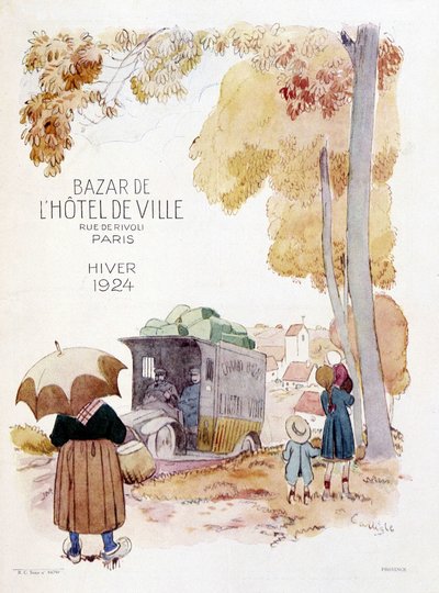 Reisende kjøpmenn på landet. Reklameplakat fra 1924 for Bazar de l#39;Hotel de Ville (Paris). av French School