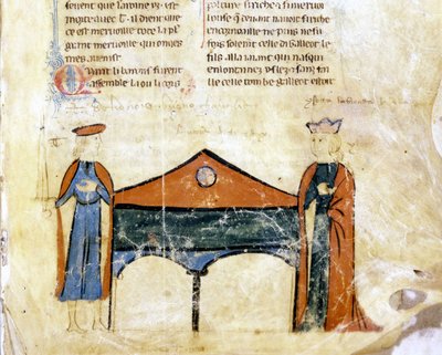 Tristan og Iseult. Miniatyr av et fransk manuskript fra 1300-tallet. Bibl. Marciana, Venezia. av French School