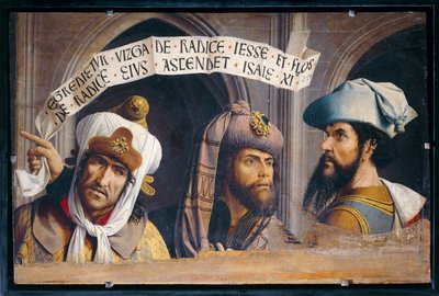 De tre profetene – Tre profeter. Fragmentarisk panel som viser de tre profetene i bebudelsen … av French School