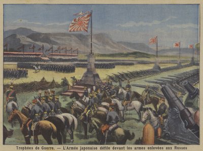 Krigstrofeer: den japanske hæren paraderer før russisk våpen ble tatt til fange i den russisk-japanske krigen (farge litho) av French School