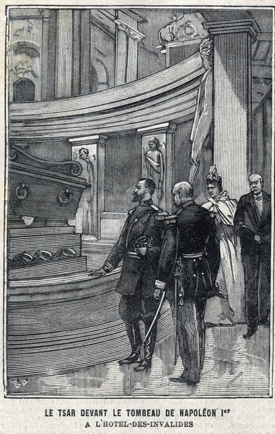 Tsar Nicholas II av Russland (1868 -1918) og Tsarina Alexandra Fiodorovna Romanova (1872-1918) foran graven til Napoleon I Bonaparte på Hotel des Invalides i Paris, i "Le Petit Parisien" av French School