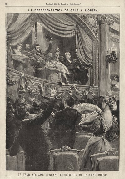 Tsar Nicholas II av Russland hyllet av publikum under avspillingen av den russiske nasjonalsangen på en gallaforestilling i Paris-operaen under hans besøk i Frankrike av French School