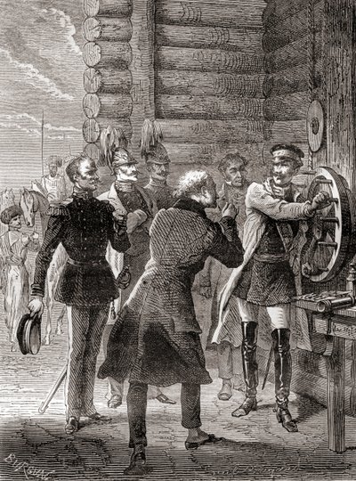 Tsar Nicholas I innviet semafor-telegraflinjen mellom Moskva og Warszawa i 1833, ved å bruke en modifikasjon av Claude Chappes semaforsystem, fra Les Merveilles de la Science, publisert ca. 1870 (gravering) av French School