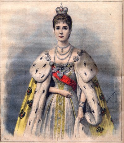 Tsarina Alexandra fra Russland i sine kroningsklær - Tsarina Alexandra Fiodorovna i det helliges kostyme. Illustrasjon for Le Petit Journal, 24. mai 1896 (gravering) av French School