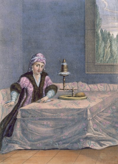 Tyrkisk kvinne som spinner tråd, ca. 1708 av French School