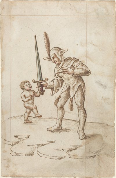 Vend det skarpe sverdet til side [fol. 44 recto], ca. 1512–1515 (penn og brunt blekk med akvarell på bundet papir) av French School