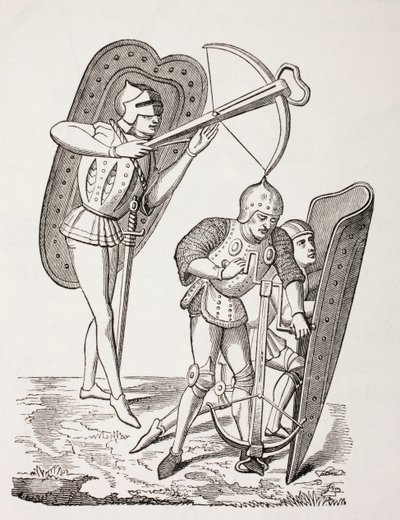 To franske armbrøstskyttere fra 1400-tallet, den ene avfyrte våpenet, den andre lastet det med et ankerspill, begge beskyttet av pavises, fra 'Les Arts au Moyen Age', utgitt 1873 av French School