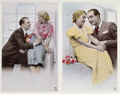To lykkelige par, tidlig på det tjuende århundre (farge litho) av French School