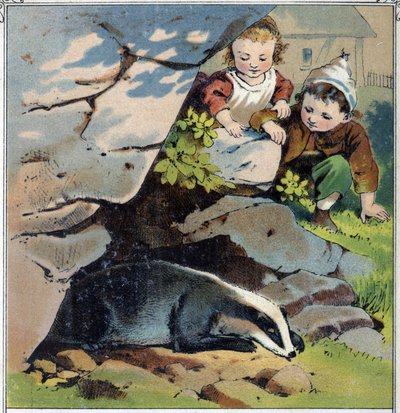 To barn observerer en grevling i hulen hans. Kromolitografi fra "" Childhood Scenes"" utg. Guerin - Muller rundt 1885. av French School