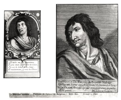 To portretter av Savinien Cyrano de Bergerac (1619-55), til høyre etter Zacharie Heince (1611-69) av French School