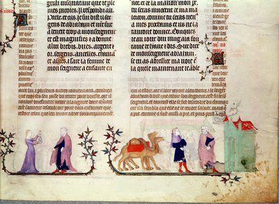 To scener fra historien om Rebecca ved brønnen, fra The Bible of Jean de Sy, ca. 1355 av French School