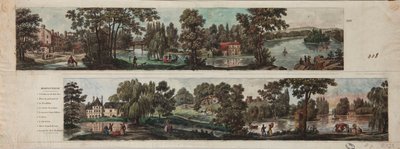 To utsikter over Mortefontaine Park med bildetekster (radering med wc på papir) av French School