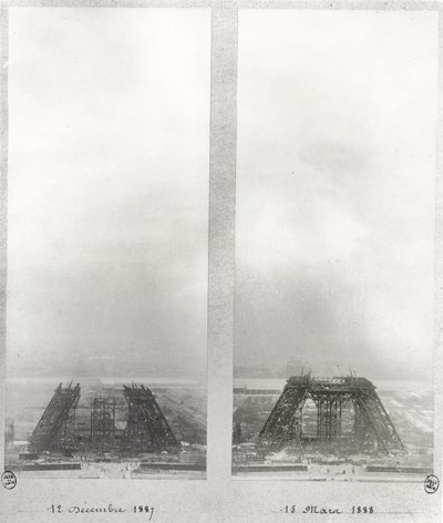 To visninger av byggingen av Eiffeltårnet, Paris, 12. desember 1887 og 15. mars 1888 av French School