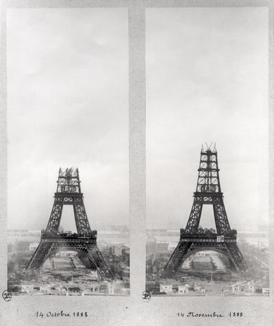 To visninger av byggingen av Eiffeltårnet, Paris, 14. oktober og 14. november 1888 av French School