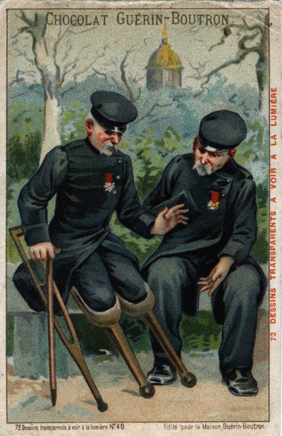 To krigsinvalider: en rumpe som snakker med en pingvin. Kromolitografi fra 1800-tallet. av French School