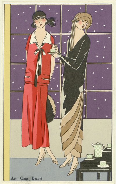 To kvinner som drikker te og kledd i design av Jean Patou og Beer, fra Art-Goût-Beauté pub. 1924 av French School
