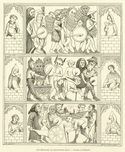 En Charivari, på 1300-tallet, Roman de Fauvel (gravering) av French School