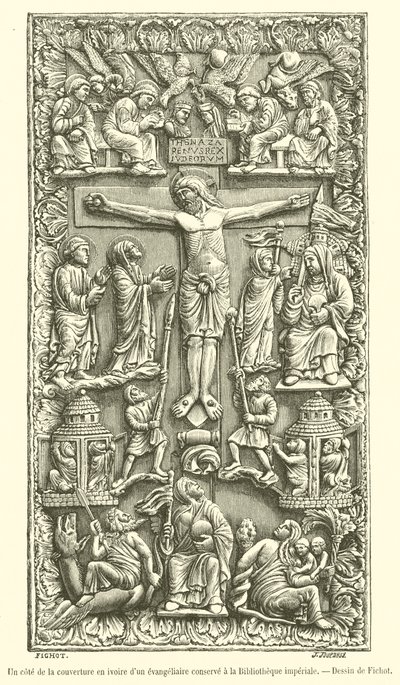 Den ene siden av elfenbensdekselet til et evangelium bevart i Imperial Library (gravering) av French School