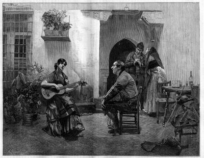 Under trolldommen: en mann som lytter med beundring til en ung spansk jente som spiller gitar. Gravering etter maleriet av Jules Worms (1832-1914) i «The Illustrious World», 1. mai av French School