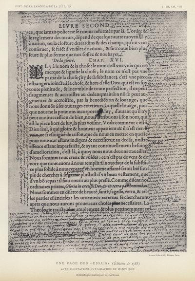 En side fra essayene, 1588-utgaven, med autografkommentarer av Montaigne (litho) av French School