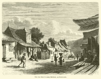 En gate i Malabar-leiren, i Port-Louis (gravering) av French School